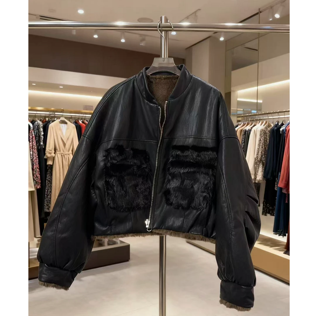 3090冬季厚款兔毛双面穿女短外套韩版原宿风夹克黑色设计师短外套