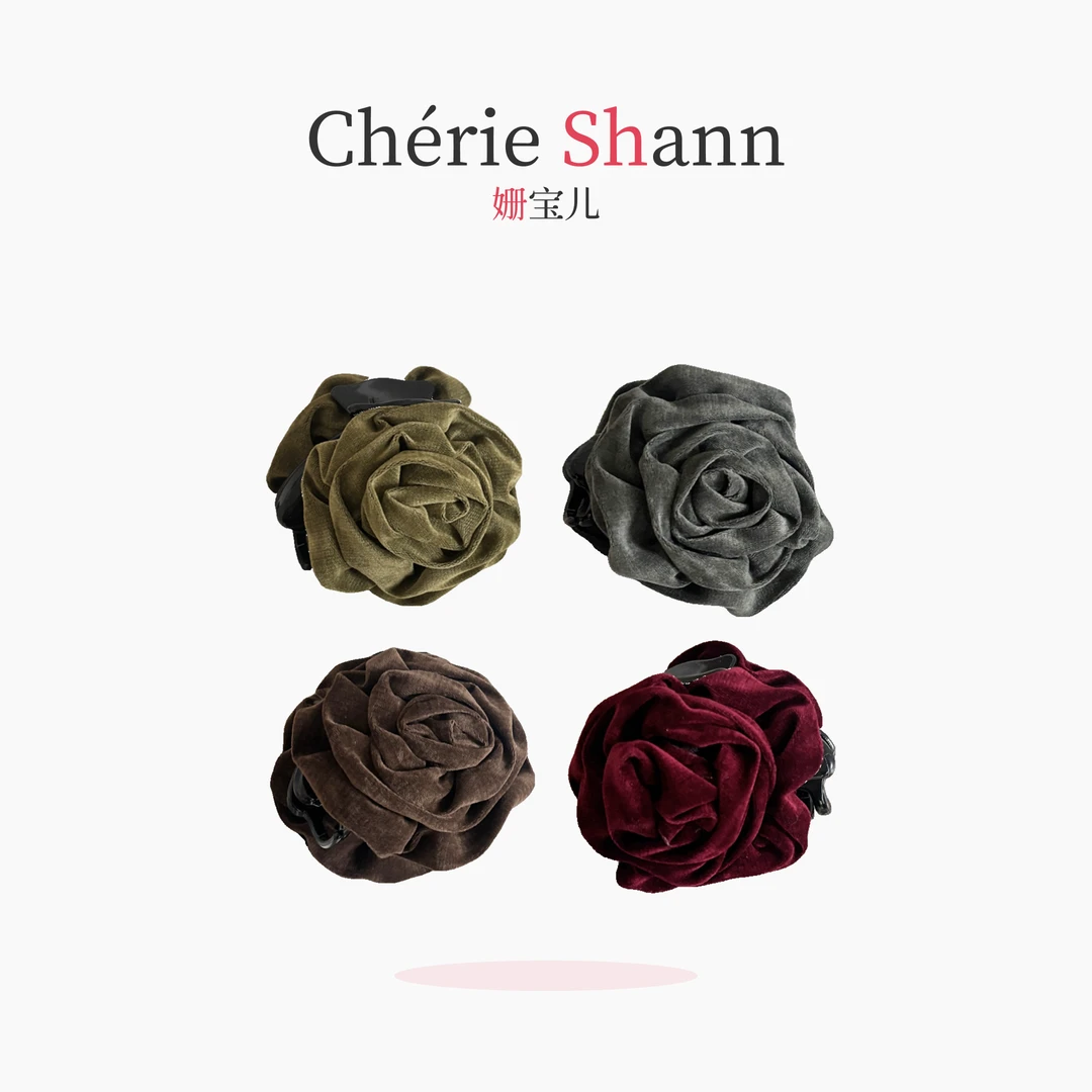 红色丝绒玫瑰花抓夹女后脑勺盘发气质发夹半扎发头饰上班族