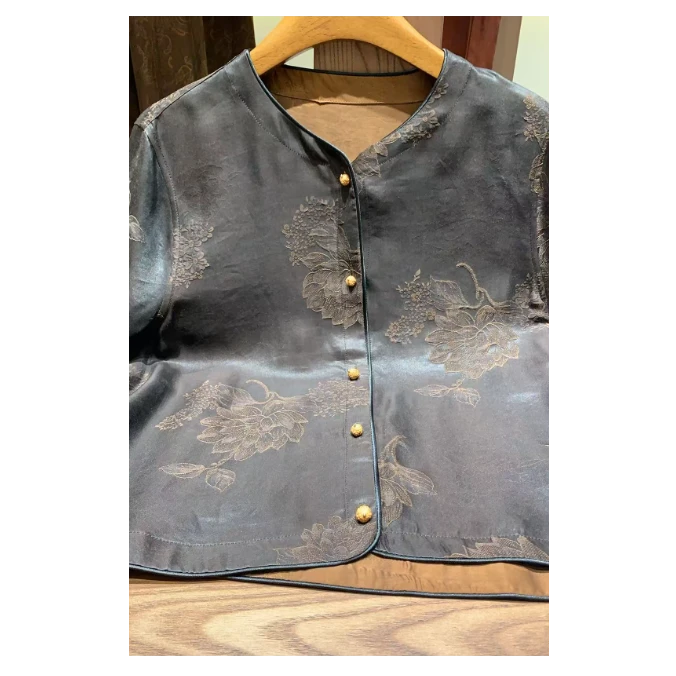 【891】女秋季圆领女新中式短外套上衣女气质提花水墨唐装印花