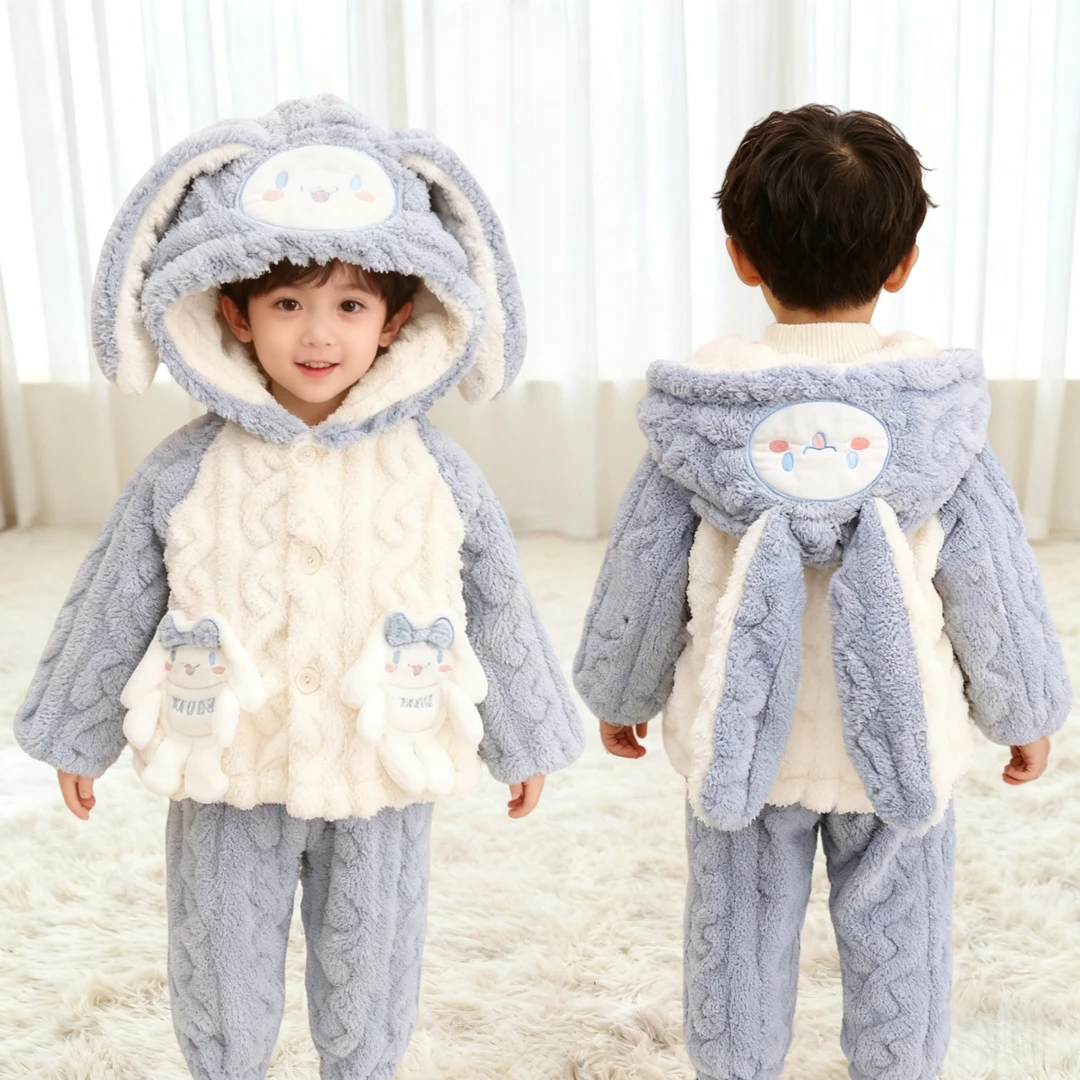 男童连帽睡衣秋冬珊瑚绒女宝2025新款宝宝法兰绒套装儿童家居服暖