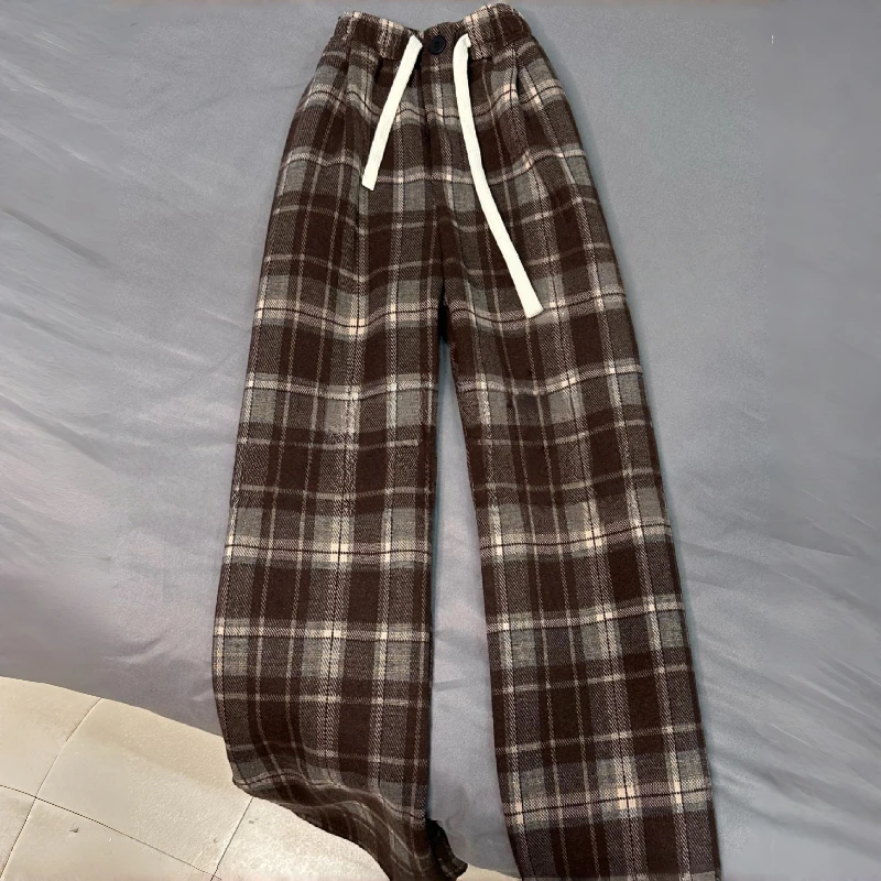 180高个子175加长加长版复古咖色加绒格子裤女宽松垂感阔腿拖地裤