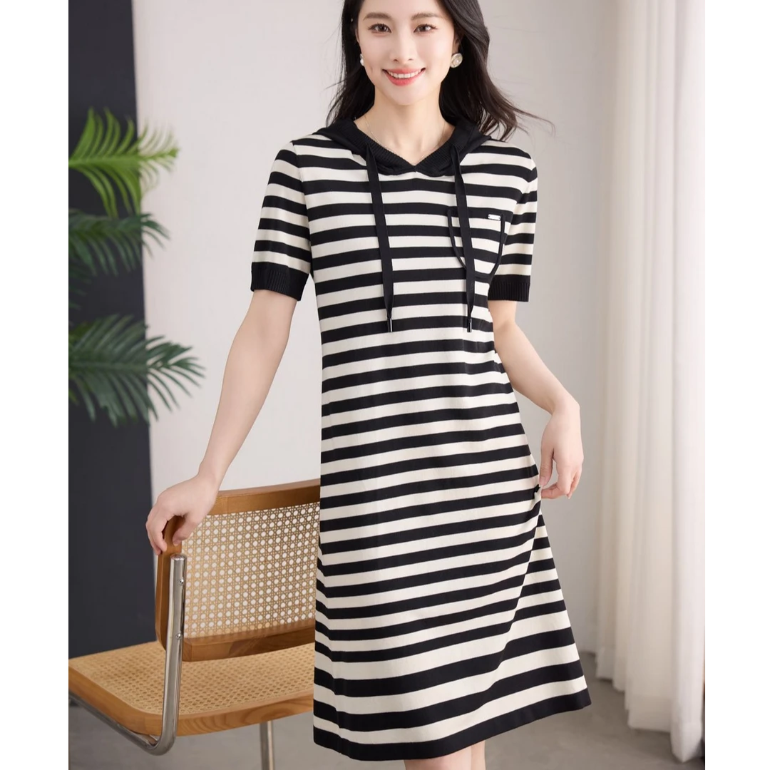 XII BASKET十二篮25年夏季经典黑白条纹毛织连衣裙7C65206180