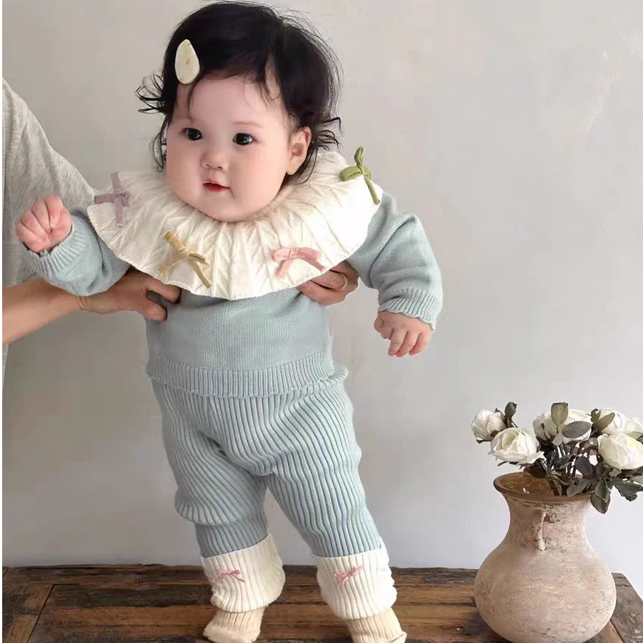 2025秋冬新款婴幼儿针织套装女宝宝娃娃领蝴蝶结上衣打底裤两件套