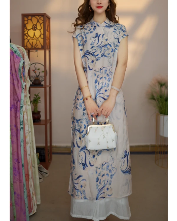 玺麻【青花瓷】月亮袖108新款夏季女装连衣裙新中式气质百搭显瘦