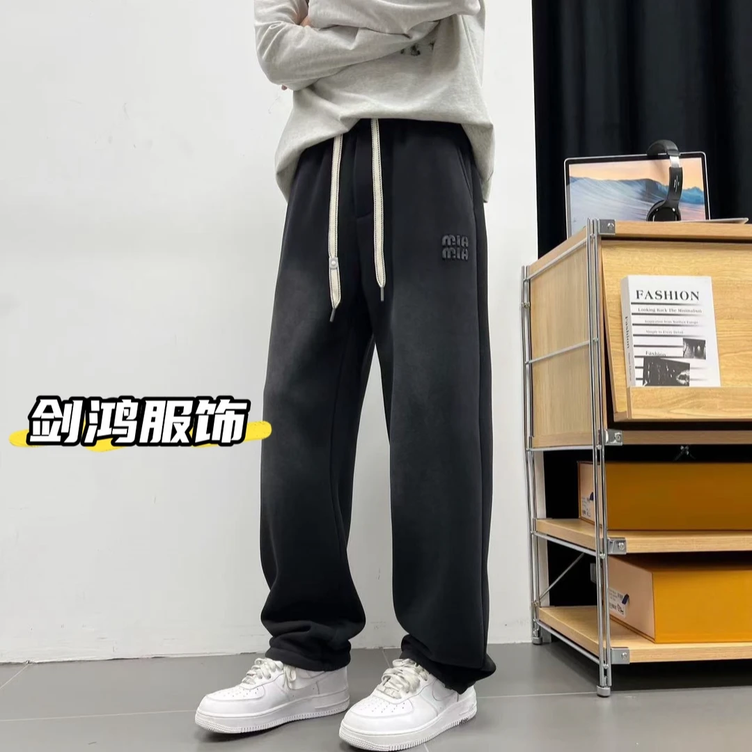 男士宽松(加长版）水洗直筒阔腿裤百搭抽绳裤子休闲裤秋冬长裤