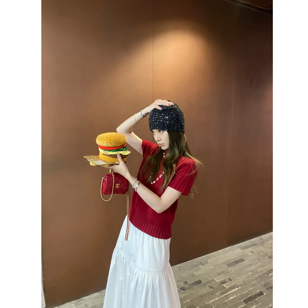 2025春夏新款开春发财红 休闲显瘦半高领针织短袖简约正肩纯色T恤