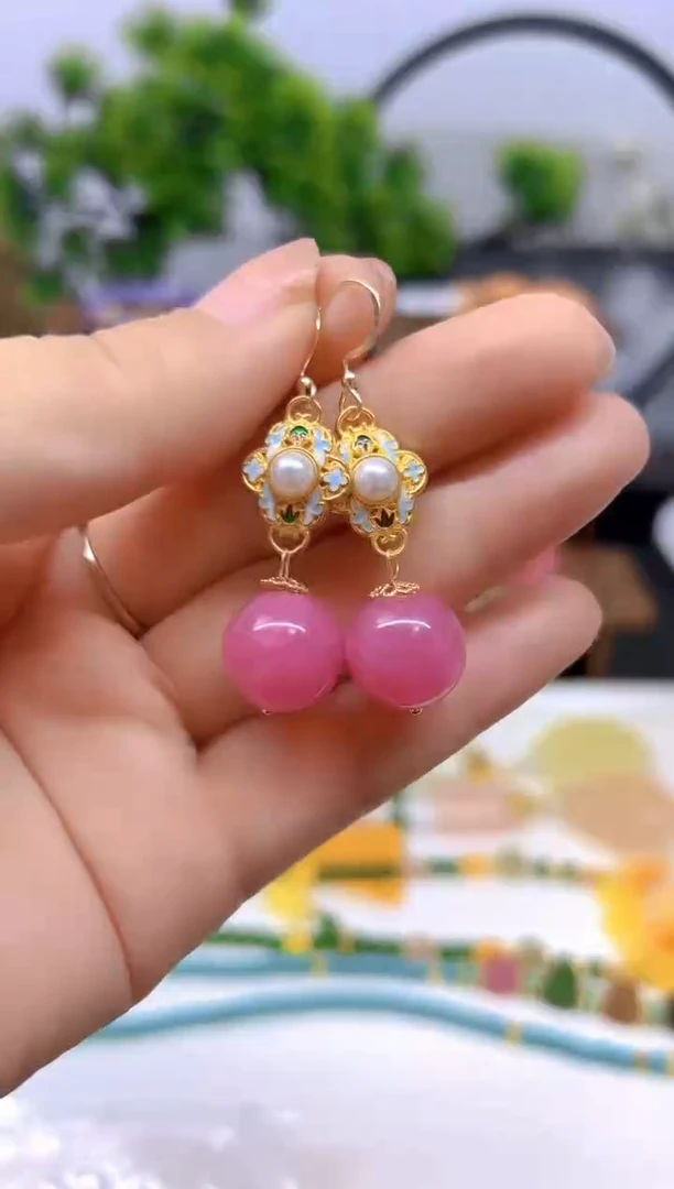 菱锰矿（红纹石）14K金镶嵌耳坠E798