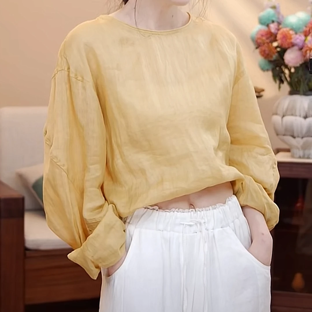 设计感时尚百搭气质下摆抽绳长袖圆领衬衣2025年夏季新款漂亮小衫