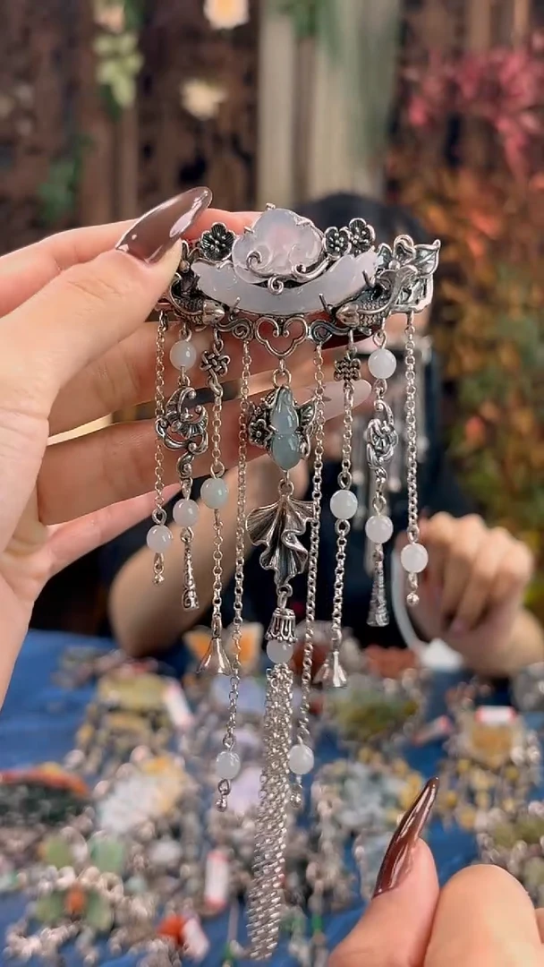 银S925镶嵌挂件翡翠发夹吊坠