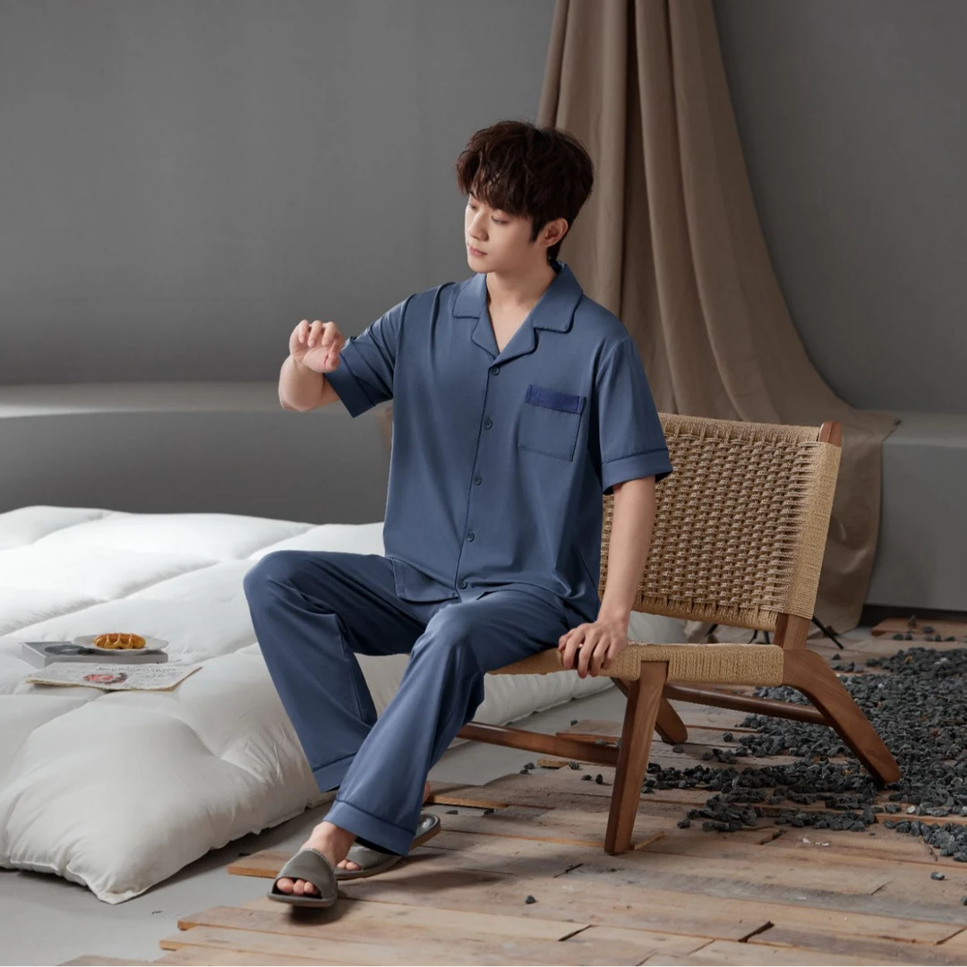 赛得利莱赛尔天丝缎面设计10A抑菌防螨睡衣家居服套装男款95328