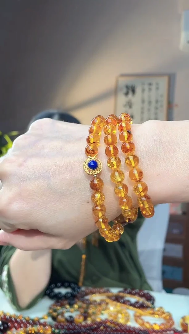 裸石琥珀未镶嵌8+ 花珀三圈手串设计款