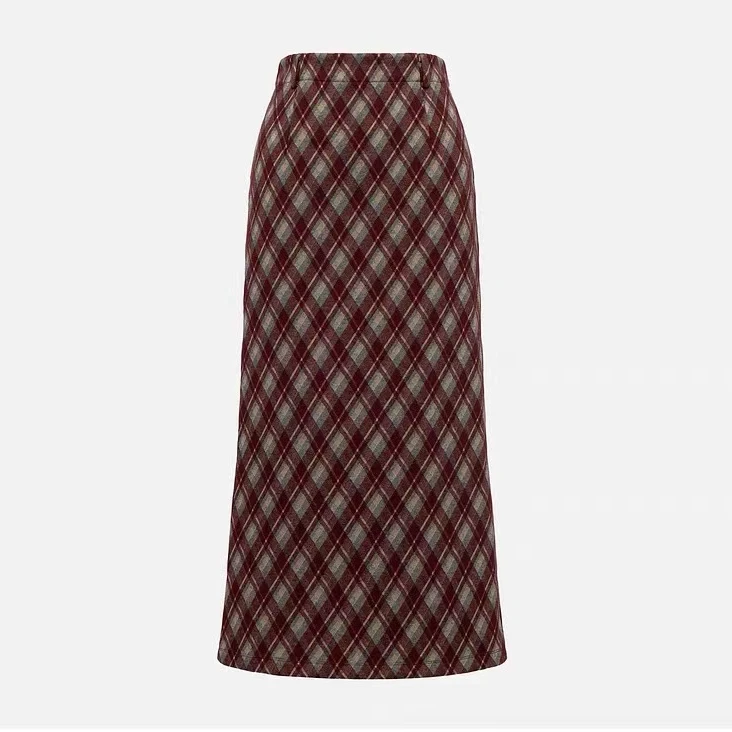 E+25新款可机洗高腰开衩直筒裙磨毛格纹半身裙0474