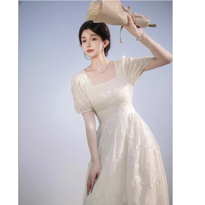 连衣裙女夏季2025新款百搭手工腰绳高级感法式简约气质裙子1