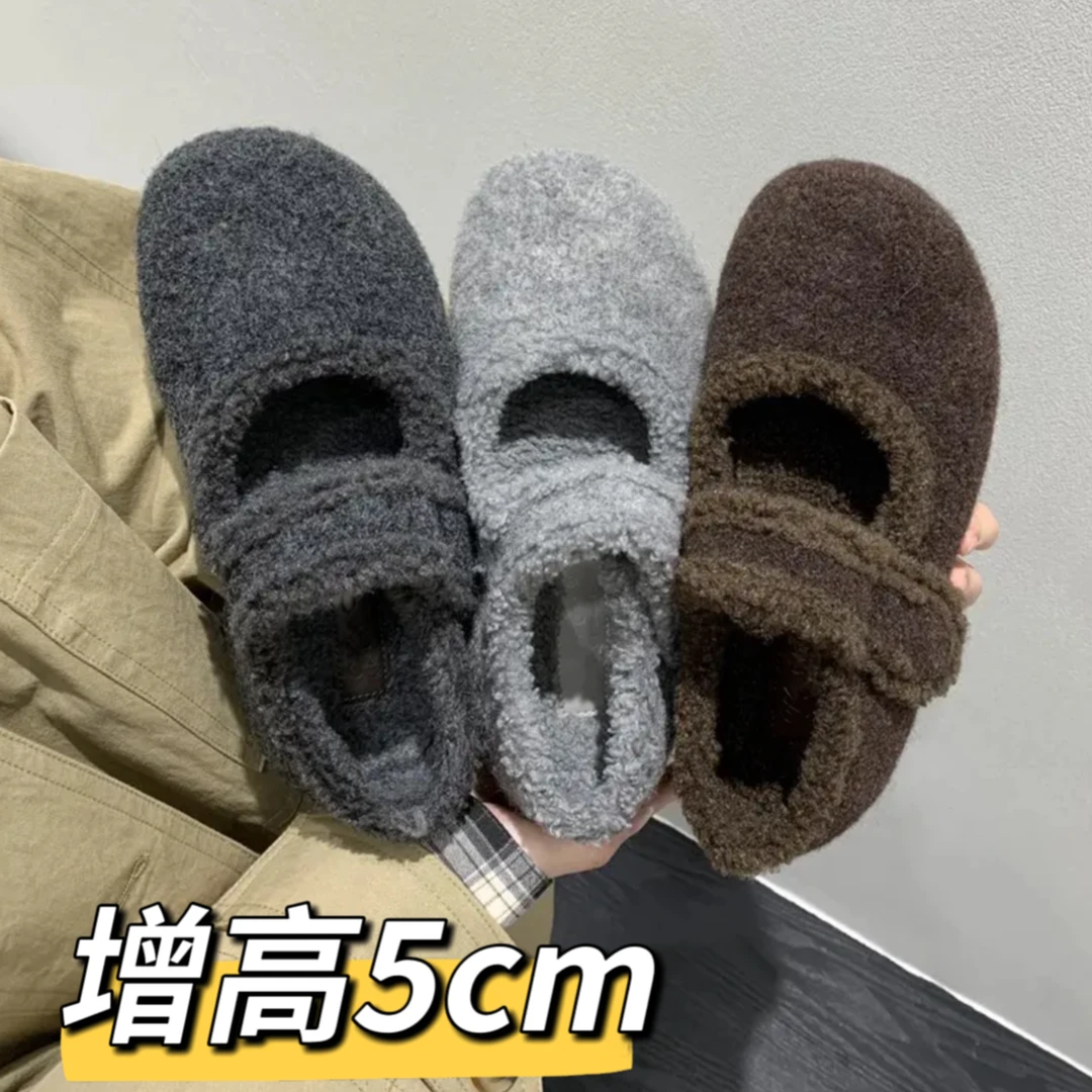 内增高厚底加绒勃肯鞋灰色单鞋女鞋子2025新款秋冬季毛毛鞋博肯鞋