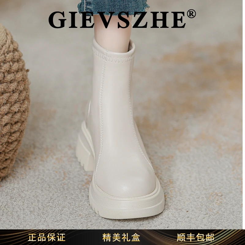 纪诗哲时尚厚底马丁靴女冬季白色粗跟短靴2025今年流行靴子英伦风