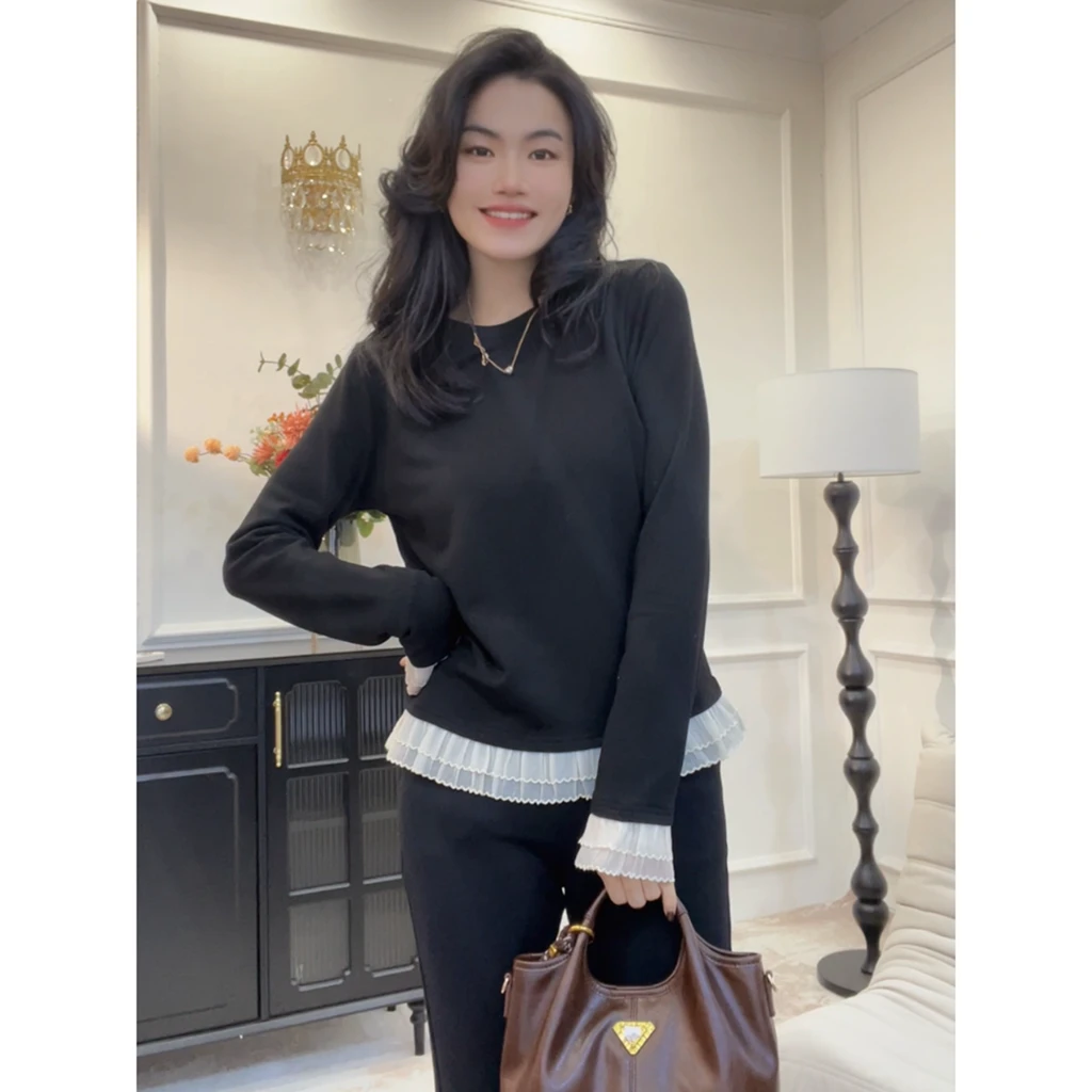 秋冬韩系百搭木耳边拼接圆领弹力磨毛长袖T恤打底衫