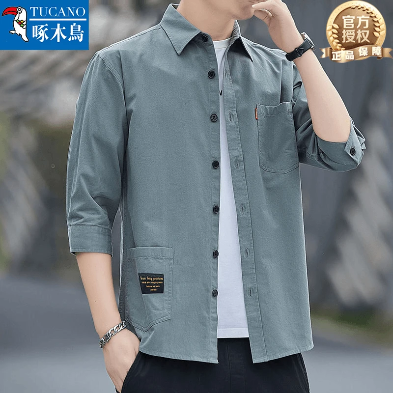 啄木鸟新款正品休闲百搭男衬衣夏季短袖薄款宽松纯色七分袖衬衫男