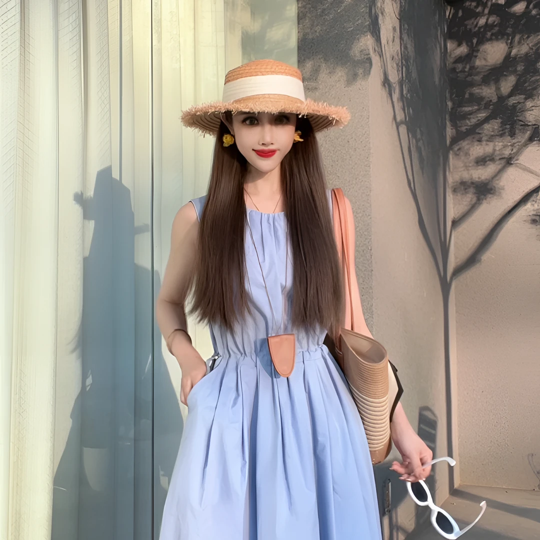 抽绳收腰法式背心连衣裙女欧货2025夏季时尚宽松显瘦财阀千金女装