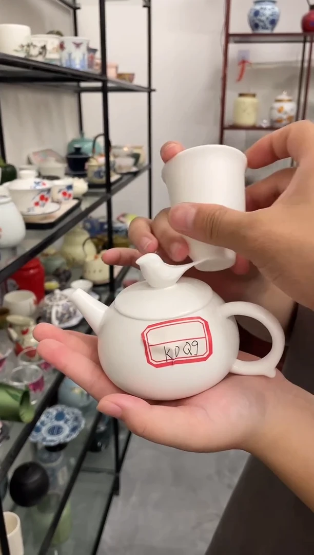 瓷片瓷心匠物福小鸟壶带一杯