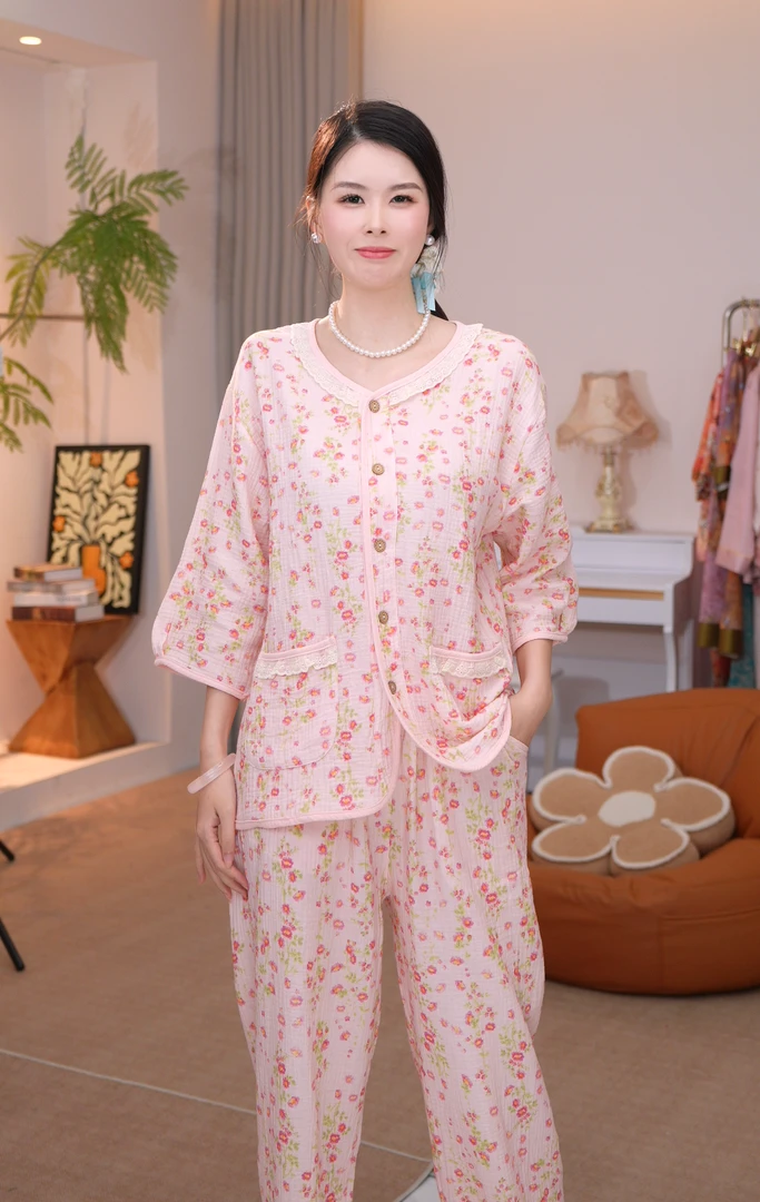 【纯棉时代】2025夏款女士款舒适纯棉睡衣长袖家居服薄款AYR