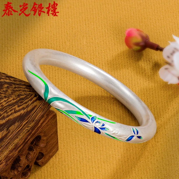 泰光银楼 足银珐琅手镯 阿海设计四季银手镯景泰蓝四季兰花镯闭口