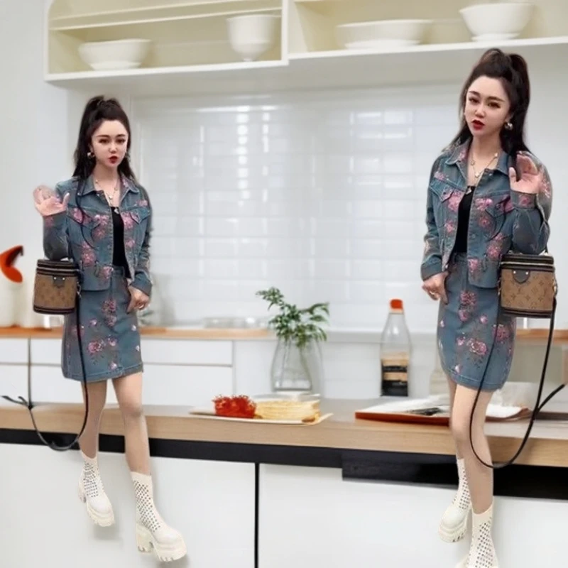 网红爆款时尚牛仔套装女2025秋季新款韩版显瘦印花短款上衣+短裙
