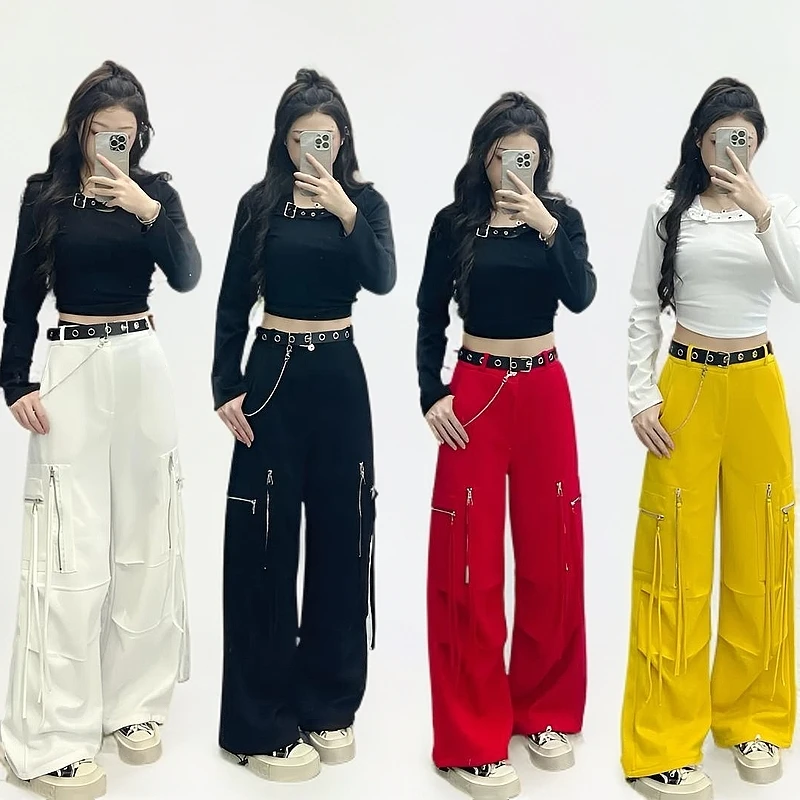 新款2593#飘带拉链工装阔腿裤送腰带高腰阔腿宽松