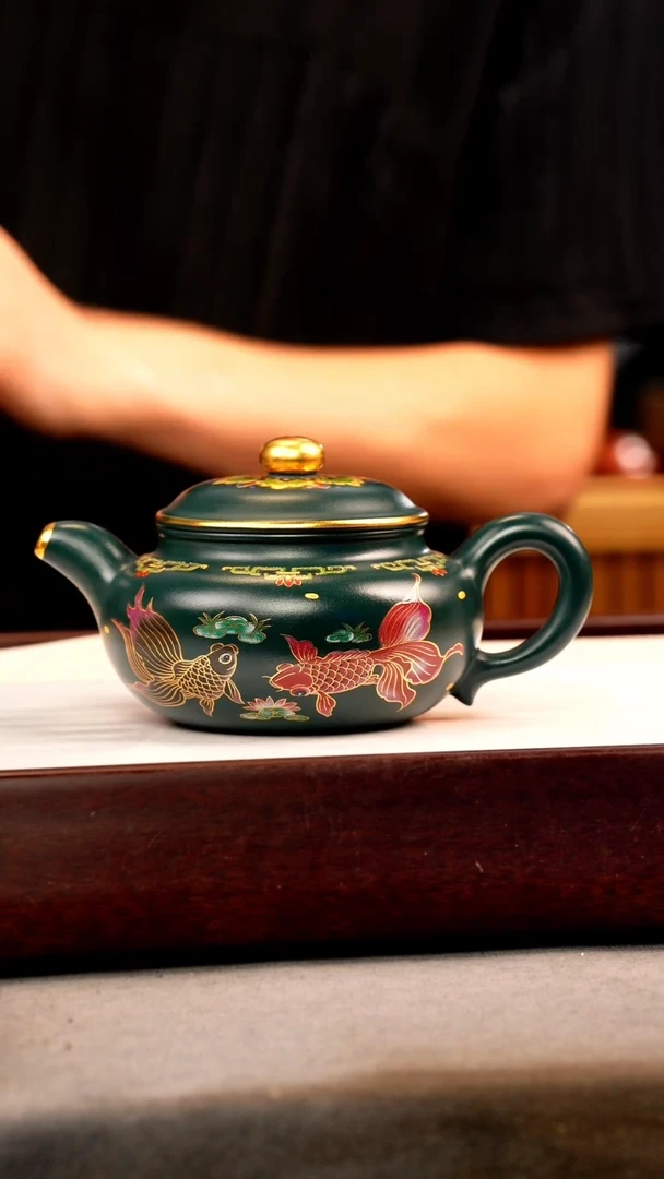 茶壶紫砂苏门答腊青 仿古 锦鲤珐琅彩