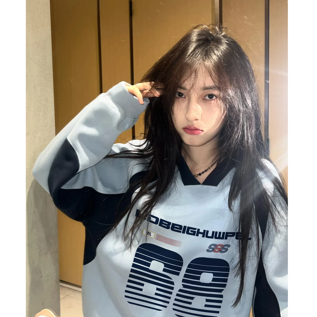 【帝韵】早秋撞色校园风V领卫衣女新款长袖运动穿搭宽松百搭上衣服