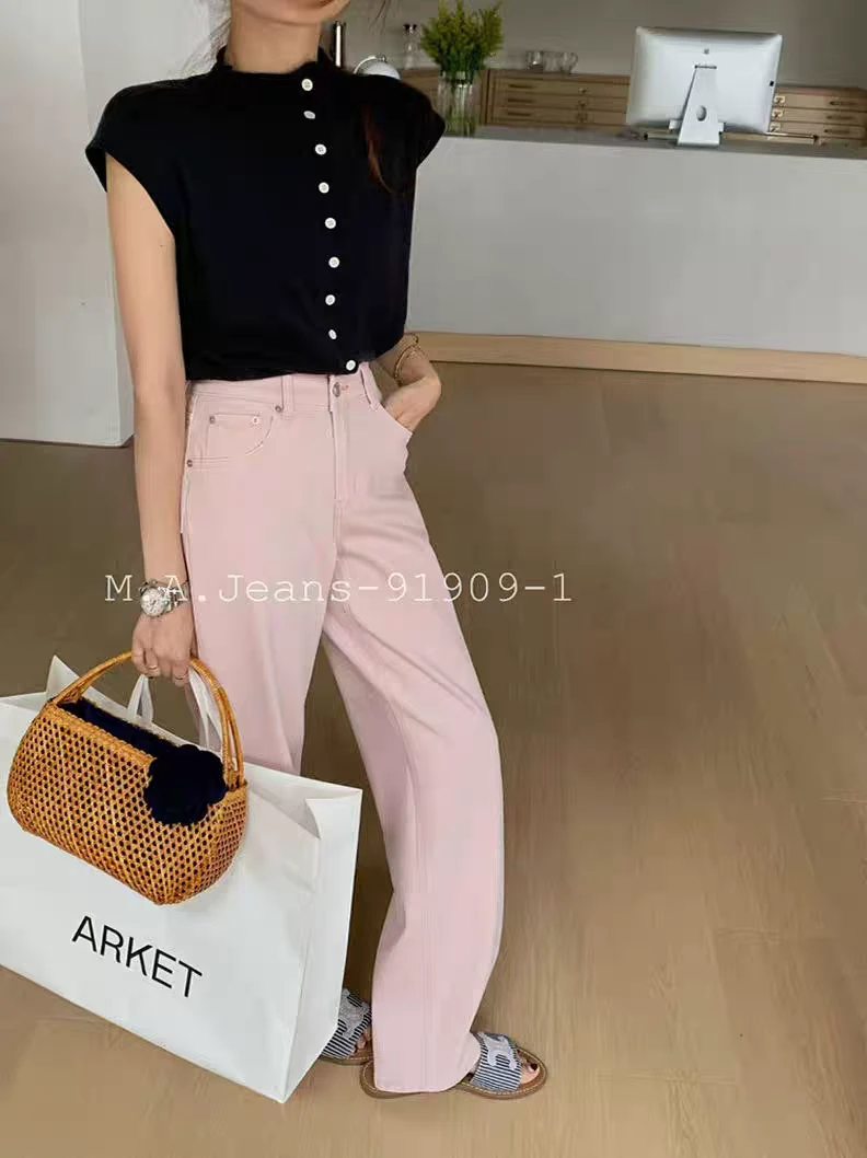MA牛仔裤91909-1剪标粉色显瘦窄版阔腿直筒牛仔裤女小个子春游