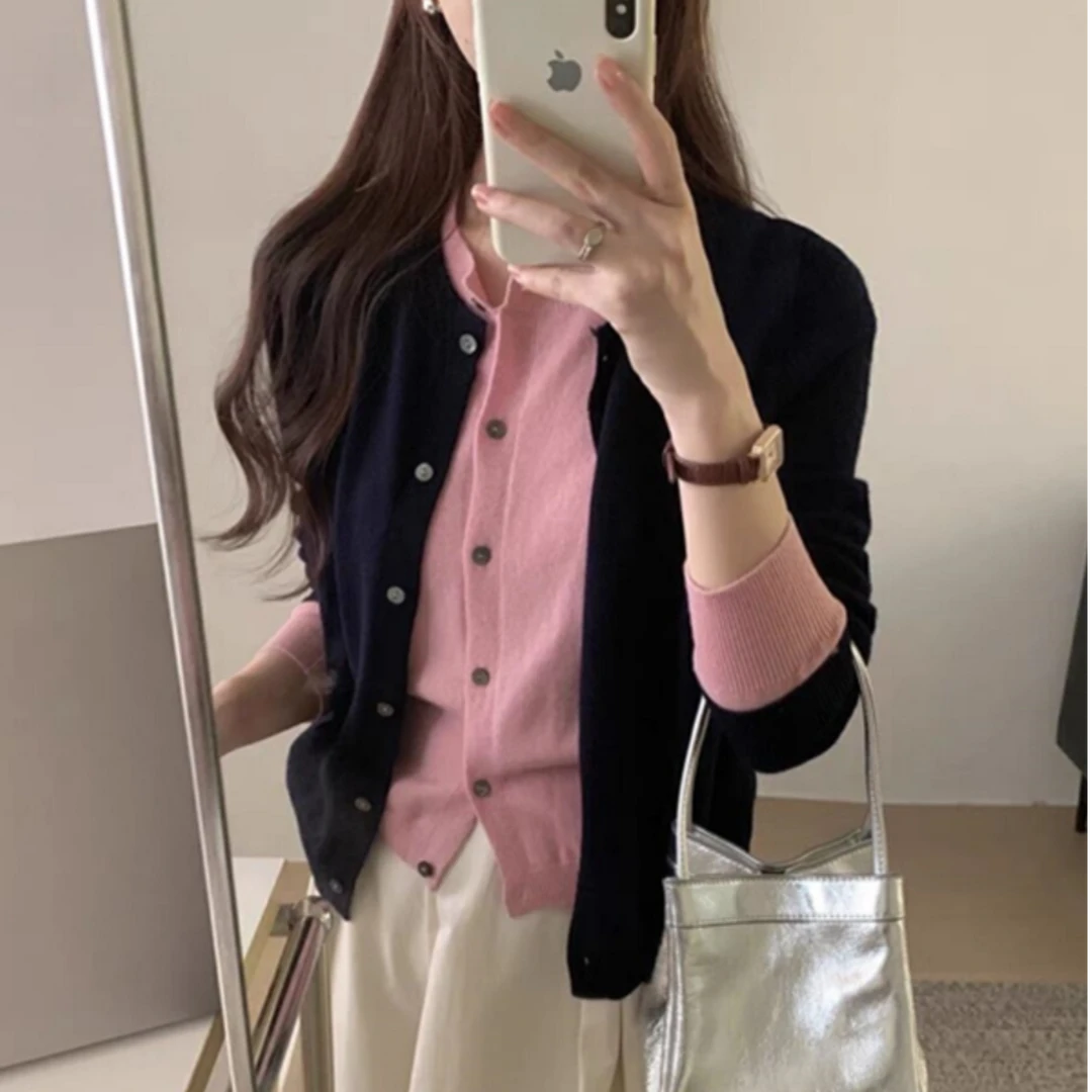 学院小香风粉色针织开衫假两件女2025新款早秋韩系穿搭高级感外套