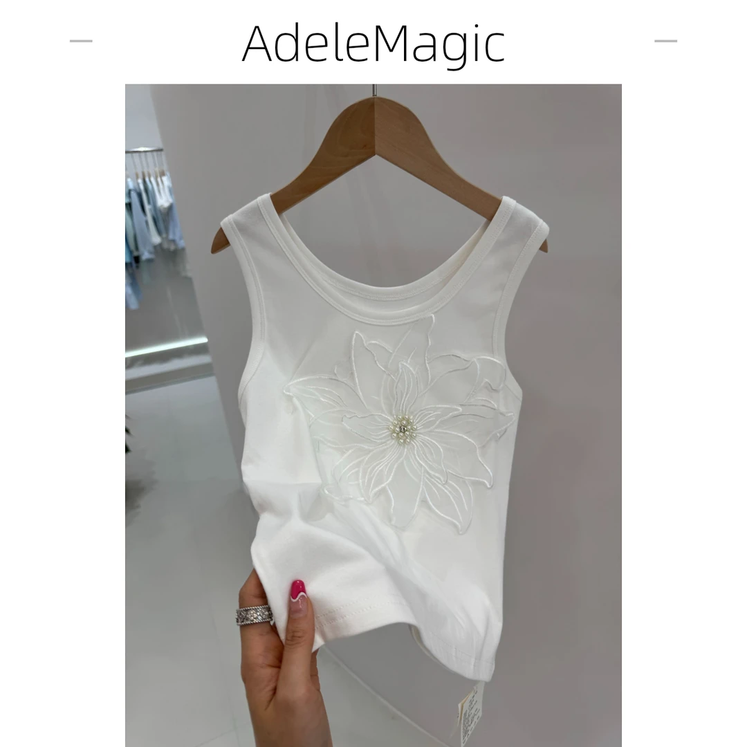 【陈思晨】立体花朵U领吊带背心女2025新款镂空性感清新冰丝上衣