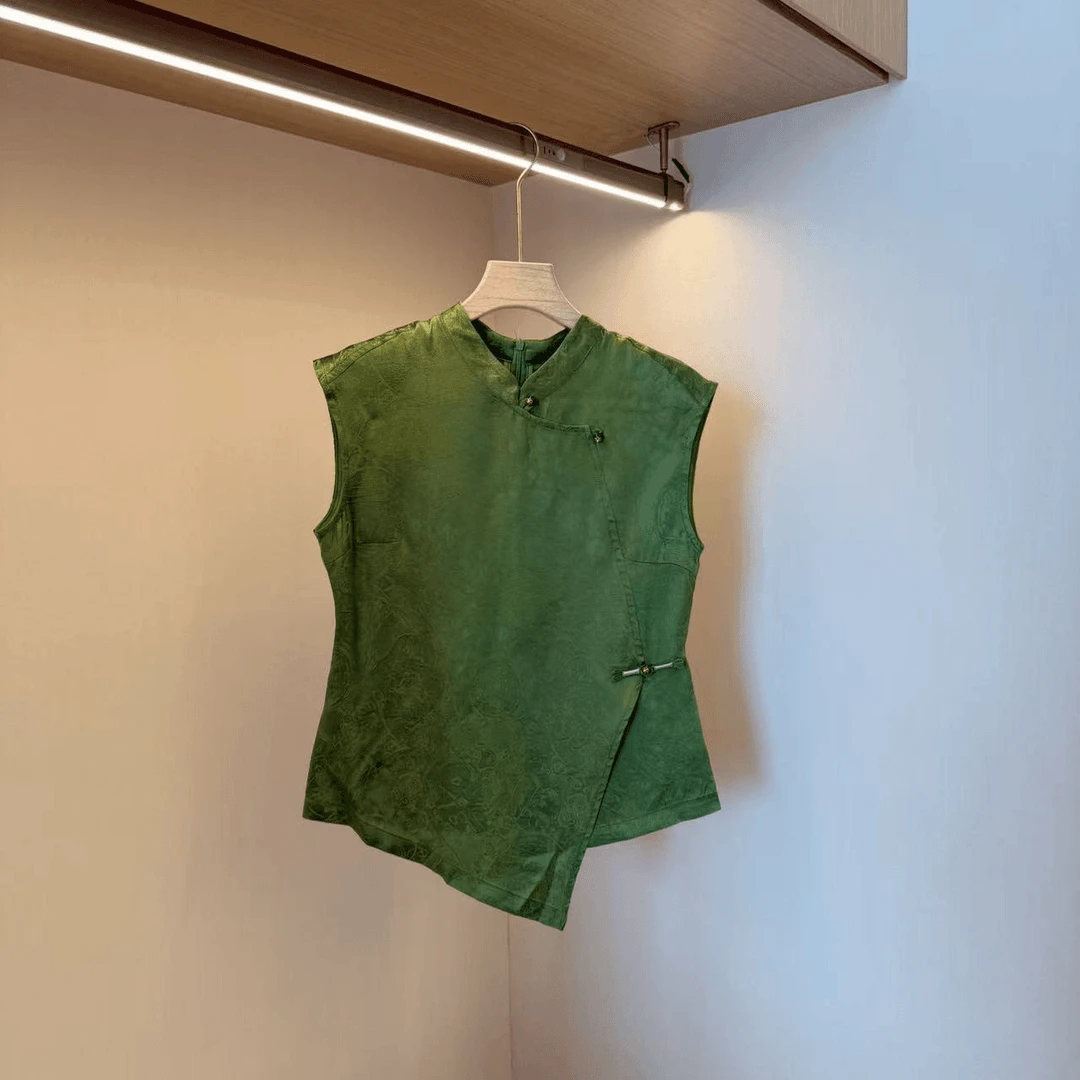 新中式提花不规则无袖立领上衣女2025夏季新款显瘦气质时尚上衣