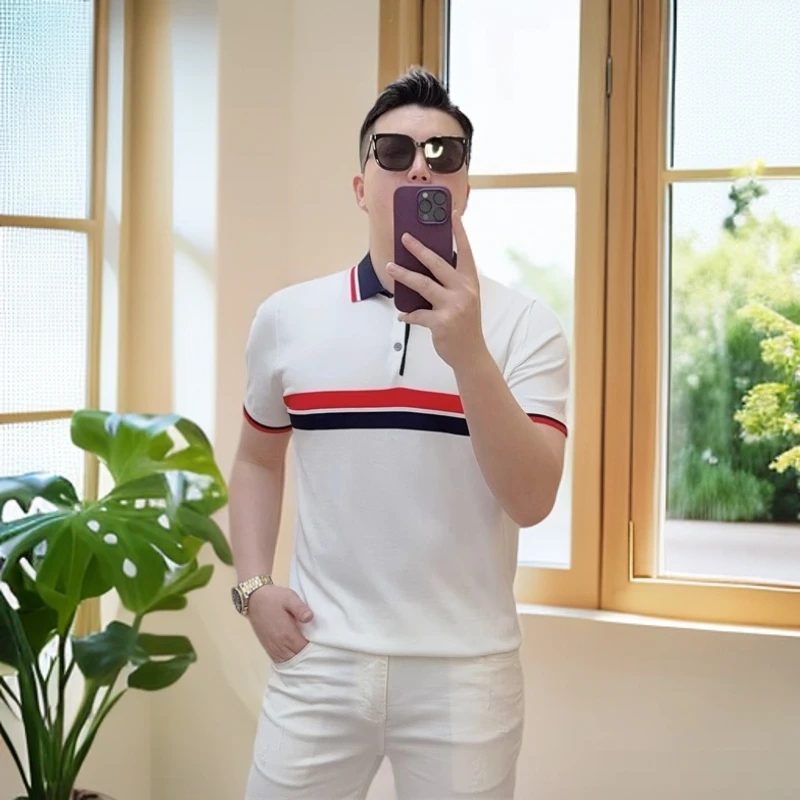 娜罗普西男士polo衫新款潮流条纹修身帅气百搭伊力特冰丝短袖T恤