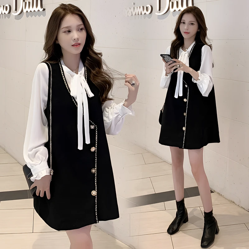 春秋新款小个子孕妇两件套装上衣系带衬衫针织马甲背心连衣裙时尚