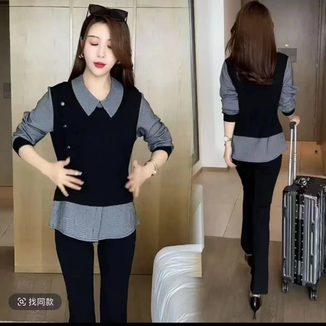 2025春季百搭显瘦爆款时尚网红款显瘦拼接假两件打底