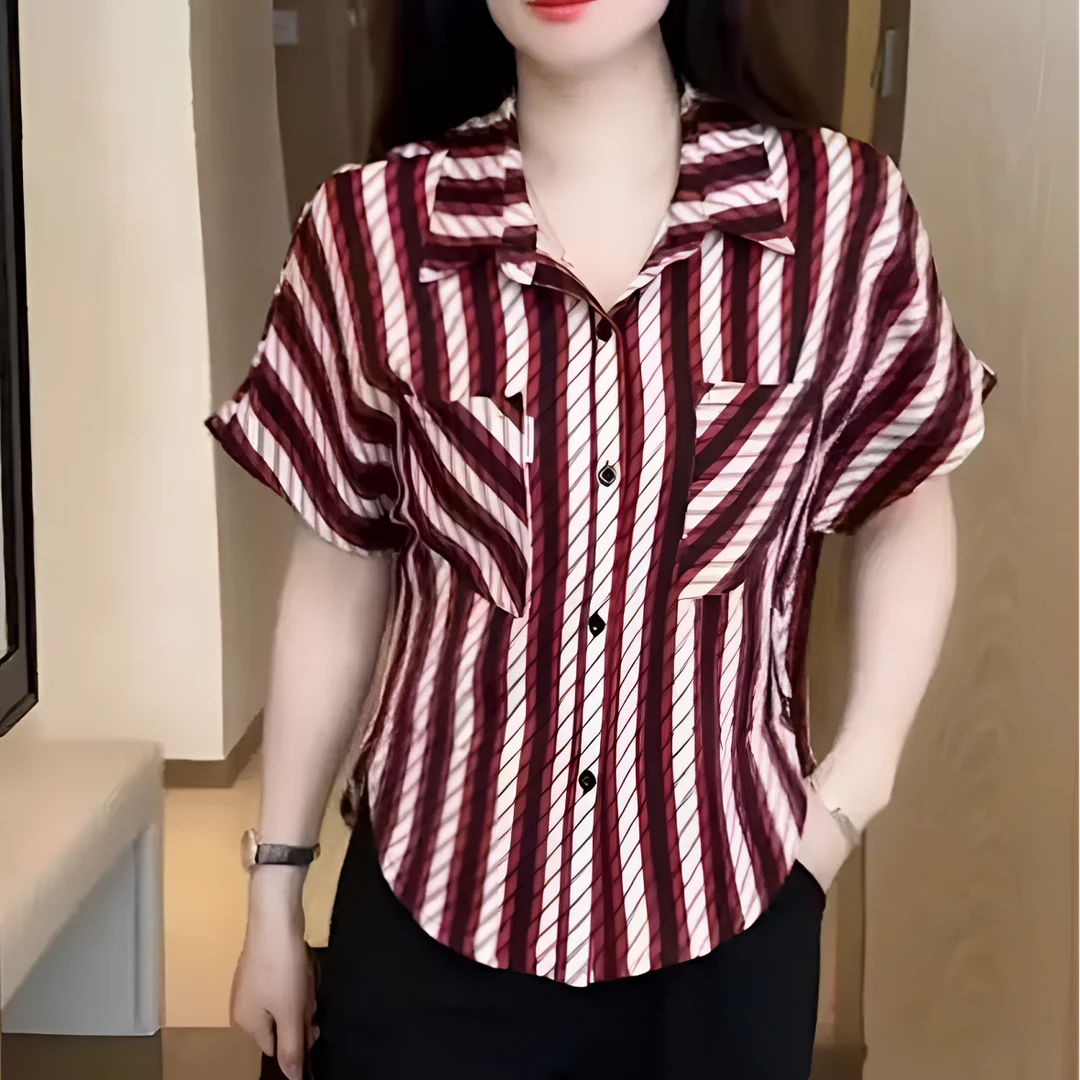 【套头衬衣】条纹短袖夏季轻熟风气质衬衫百搭小衫韩版女士上衣