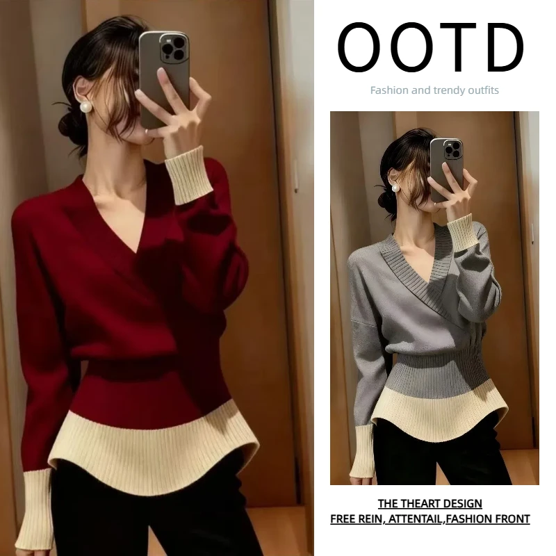 法式复古风撞色V领长袖针织衫冬季新款高级感收腰显瘦上衣H10150