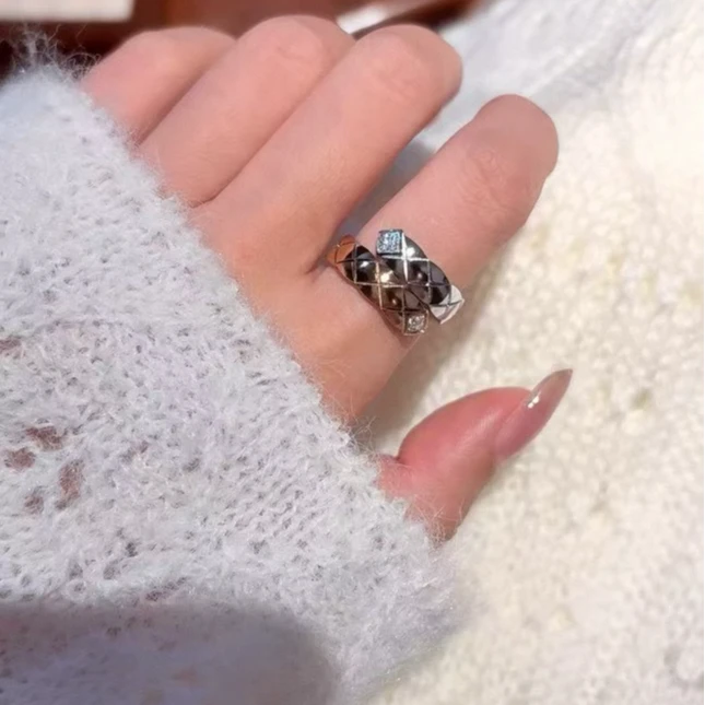 95新 Chanel/香奈儿 【活动黑黑】宽版双色 双环带钻戒指 57