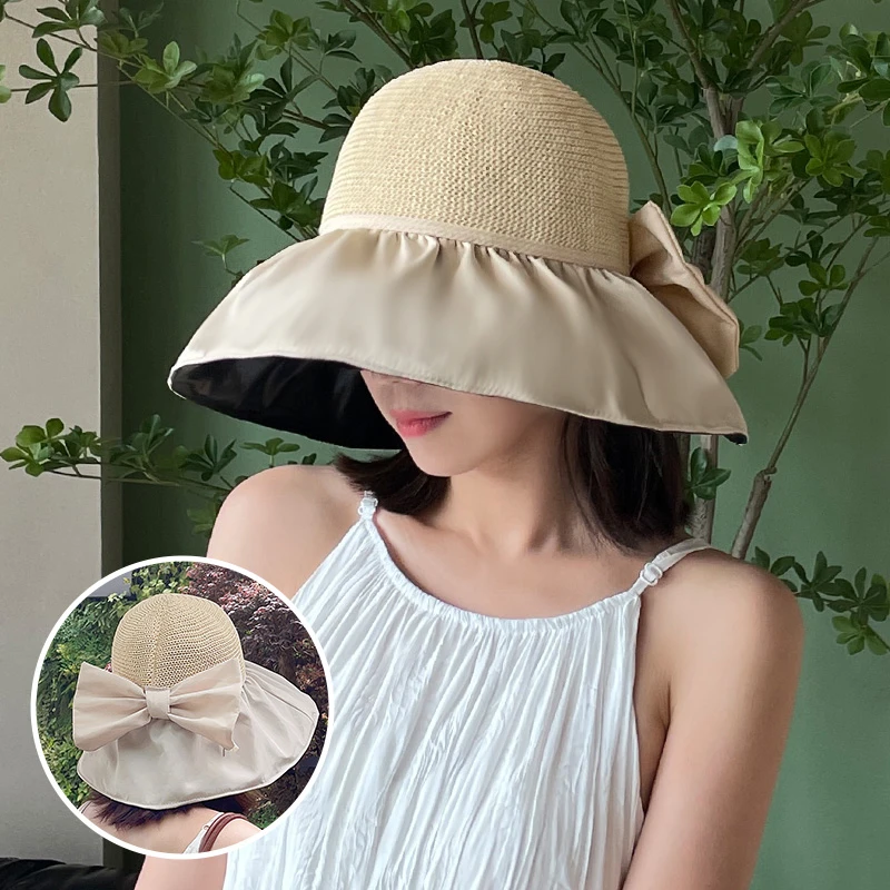 朵澜 防晒帽女夏防紫外线草帽空顶遮阳帽折叠易收纳黑胶太阳帽子