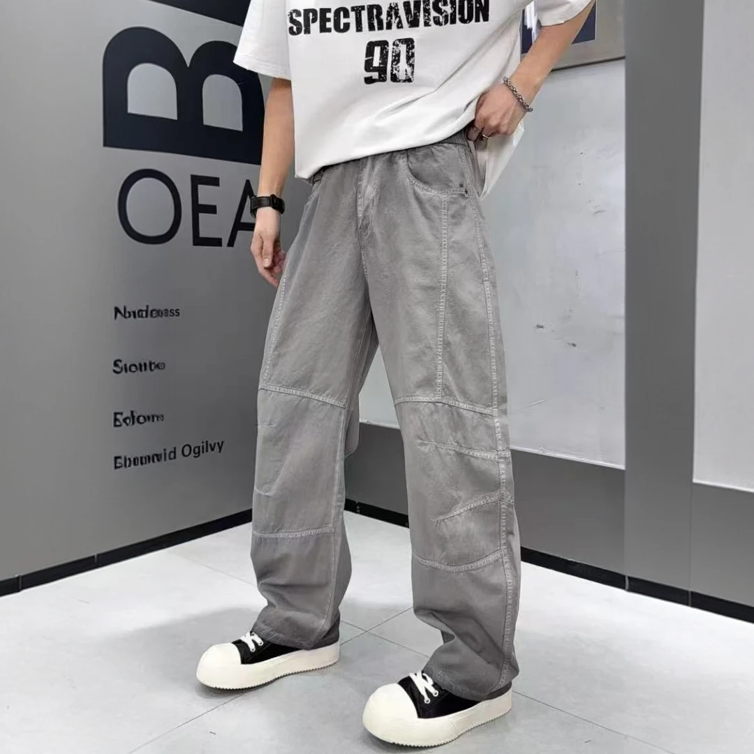 夏季薄款宽松直筒休闲裤痞帅复古弯刀裤潮流个性阔腿牛仔裤男裤子