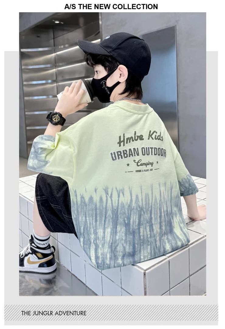 新款男春季圆领印花字母T恤潮酷渐变半袖运动男孩男童夏装套装