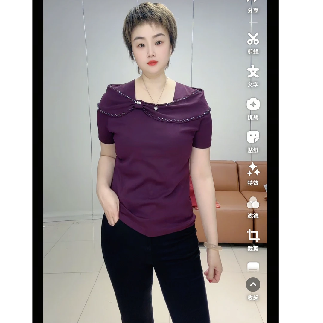 小施家气质女人味别致花边领手工缝钻显瘦高品质T恤68959