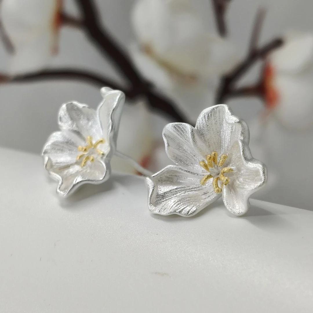 足银耳饰 描金磨砂花朵耳钉 小众简约古风国风气质百搭[半亩银田]