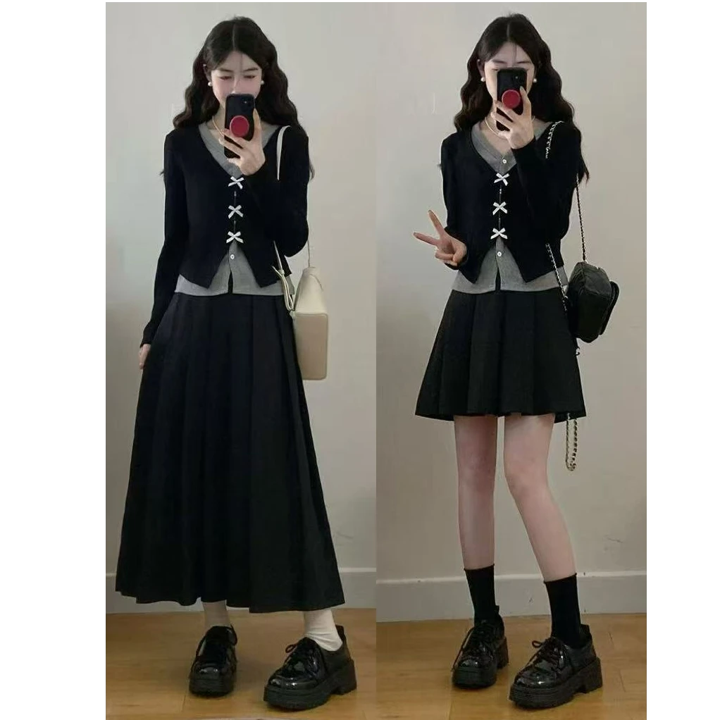 大码女装胖mm新款气质假两件显瘦蝴蝶结上衣+百褶半身裙两件套