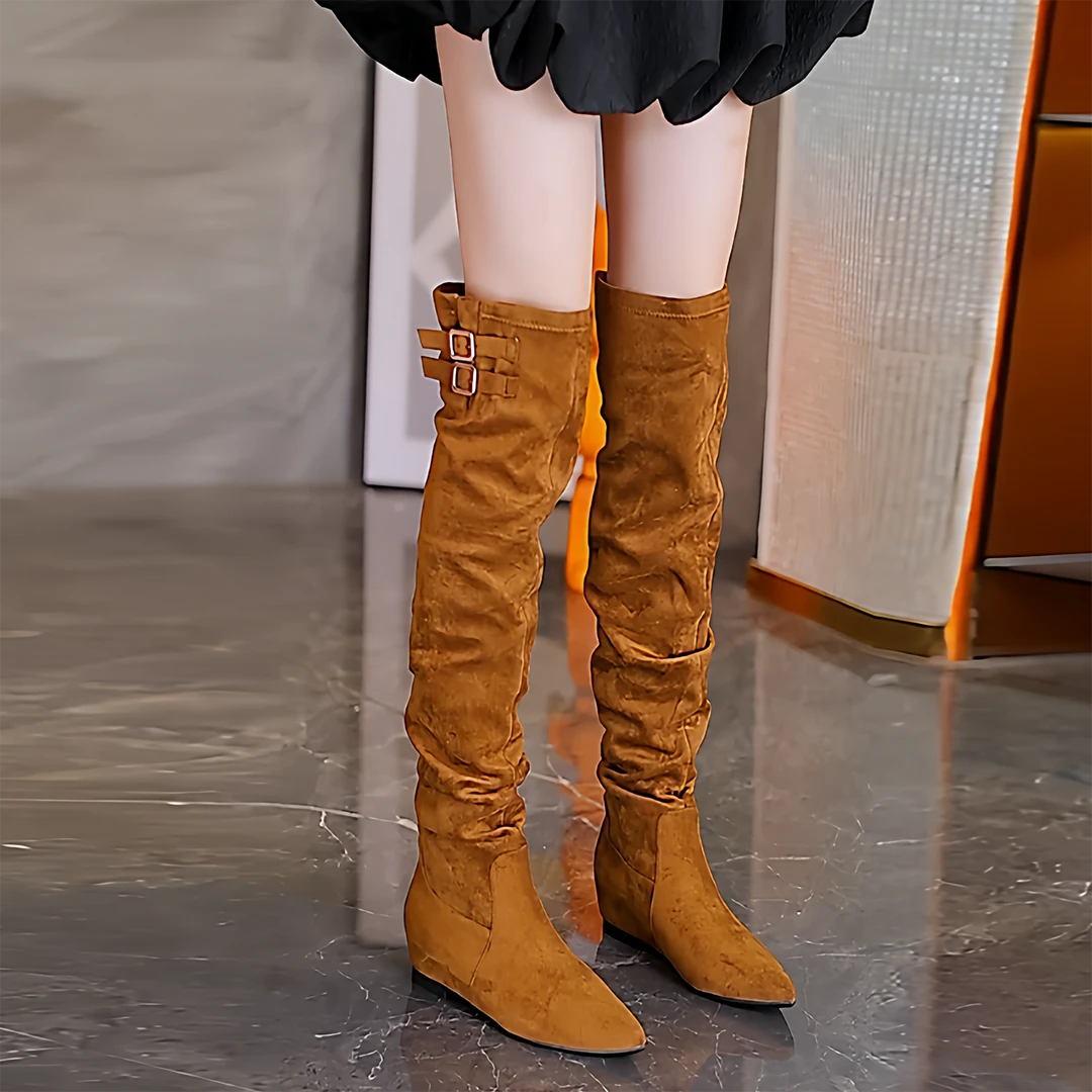 5cm内增高过膝长靴女2025秋冬新款尖头瘦瘦靴皮带扣时尚堆堆靴子