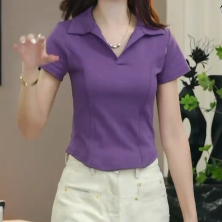 纯色POLO领正肩短袖T恤女2025夏季新款修身显瘦百搭短款鱼骨上衣