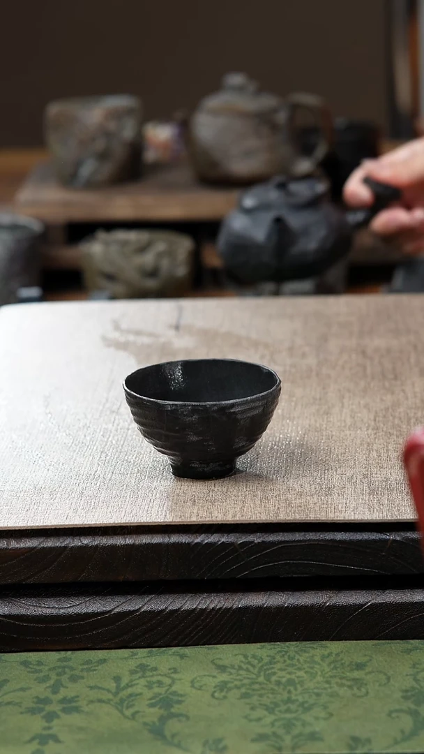 中式归玉堂冰碛岩重工雕刻肌理茶碗杯