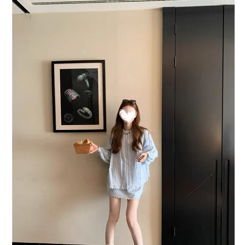 雪顶银盐 抓襟两件套衬衫长袖上衣圆领A字短裙女花边套装