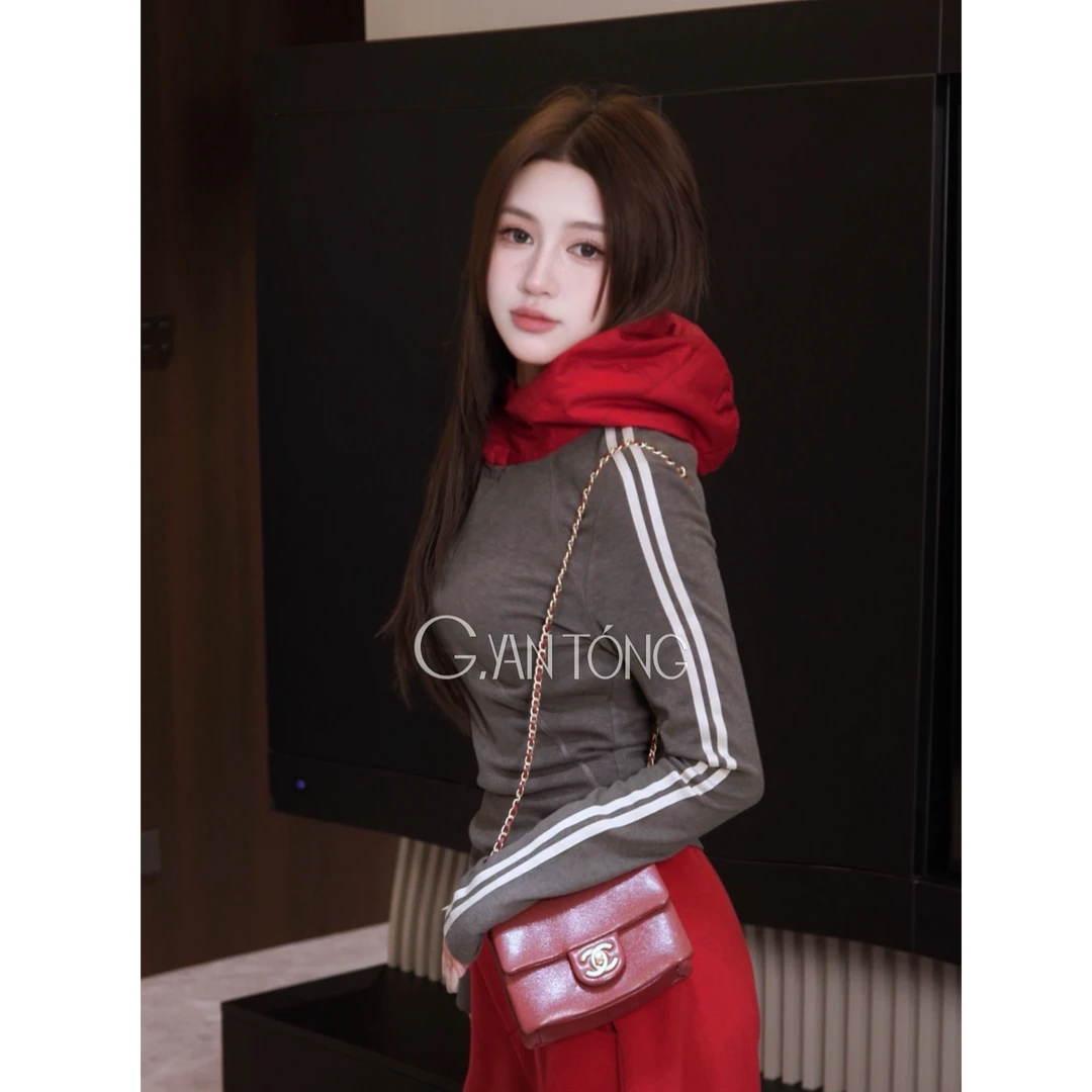 G. yantong/郭彦彤撞色卫衣冬款修身上衣连帽休闲长袖DD1247